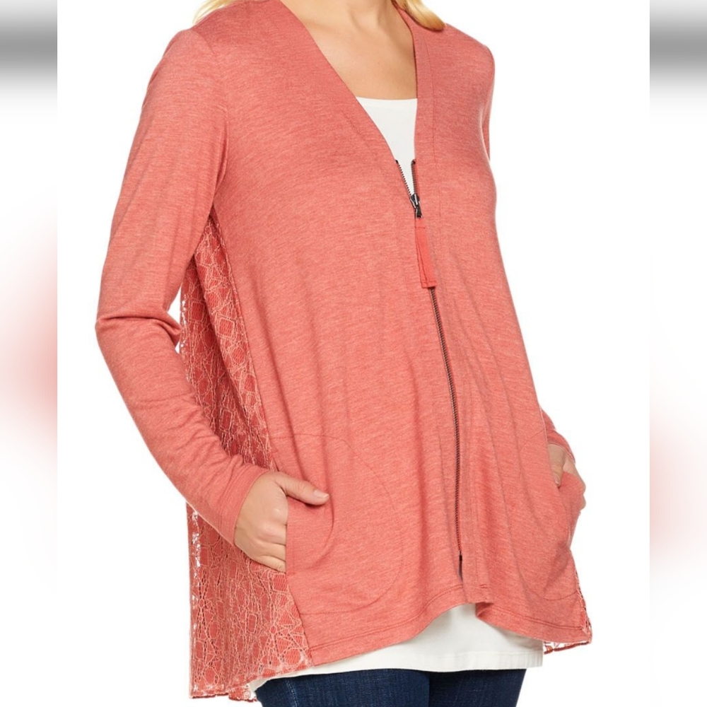 LOGO Lounge Coral Lace Cardigan Jacket A Zip-Front With Pockets Size M